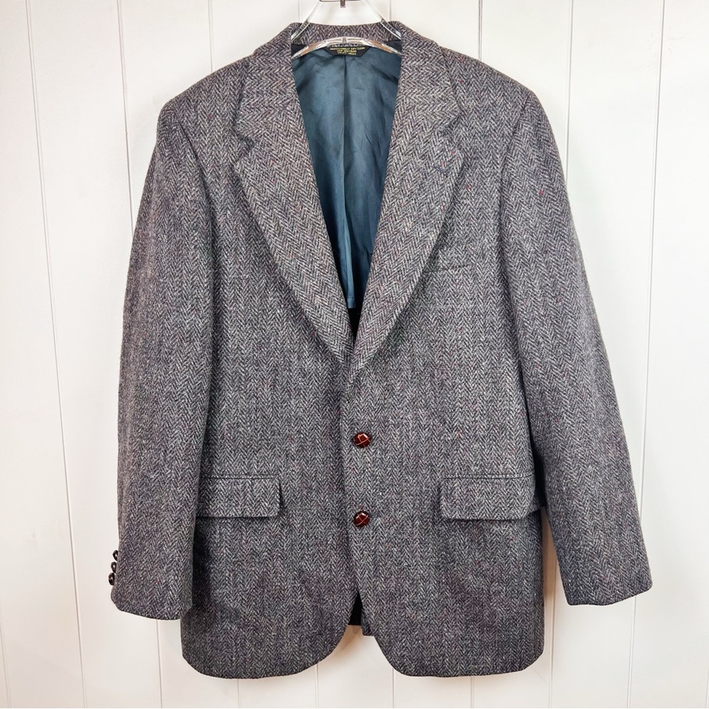 Harris Tweed Vtg Mens Gray 100% Scottish Wool Sport Coat Blazer Herringbone